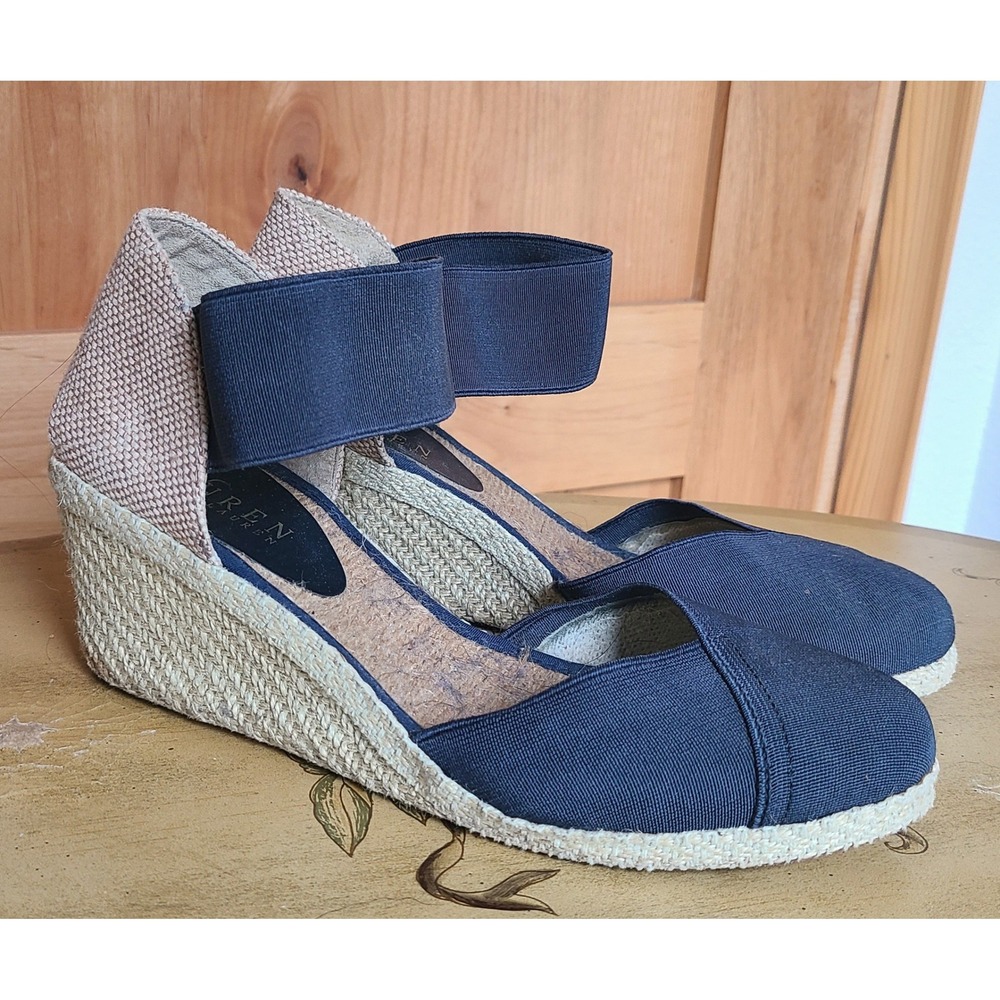 Lauren Ralph Lauren Charla US 7.5 Blue‎ Canvas Espadrille Wedge Sandals Mid Heel